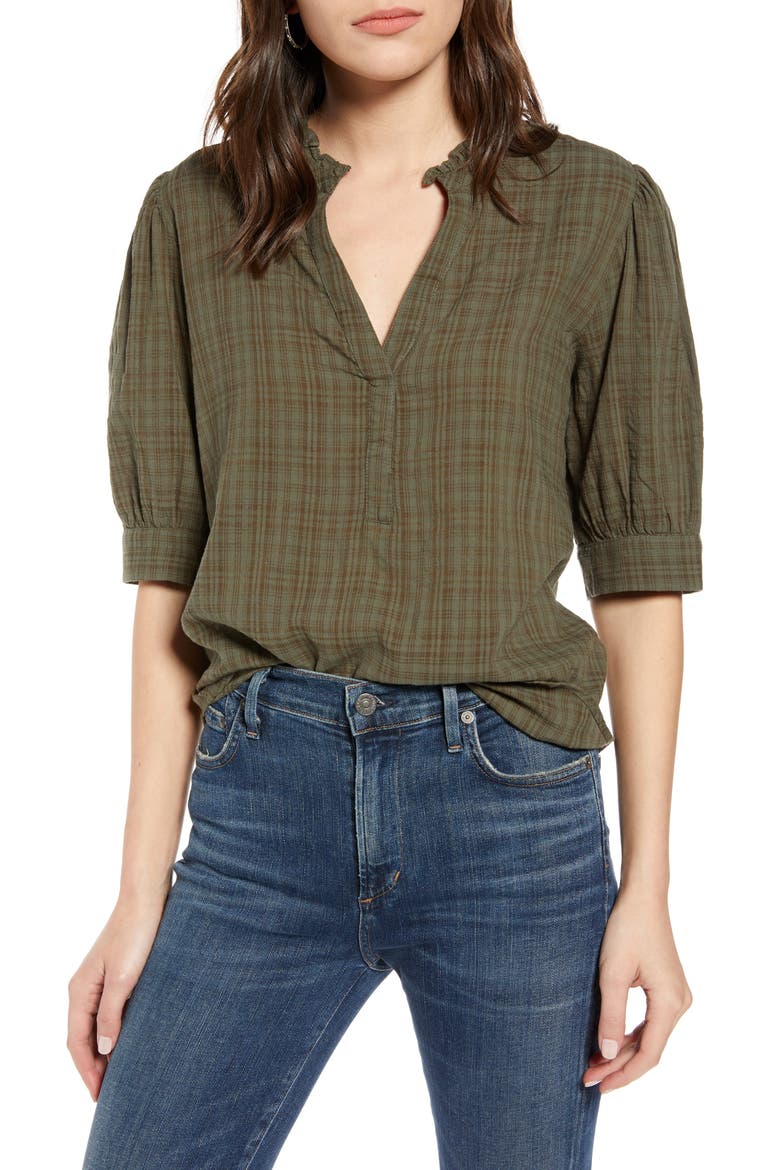 Split Neck Check Top, Main, color, OLIVE SARMA