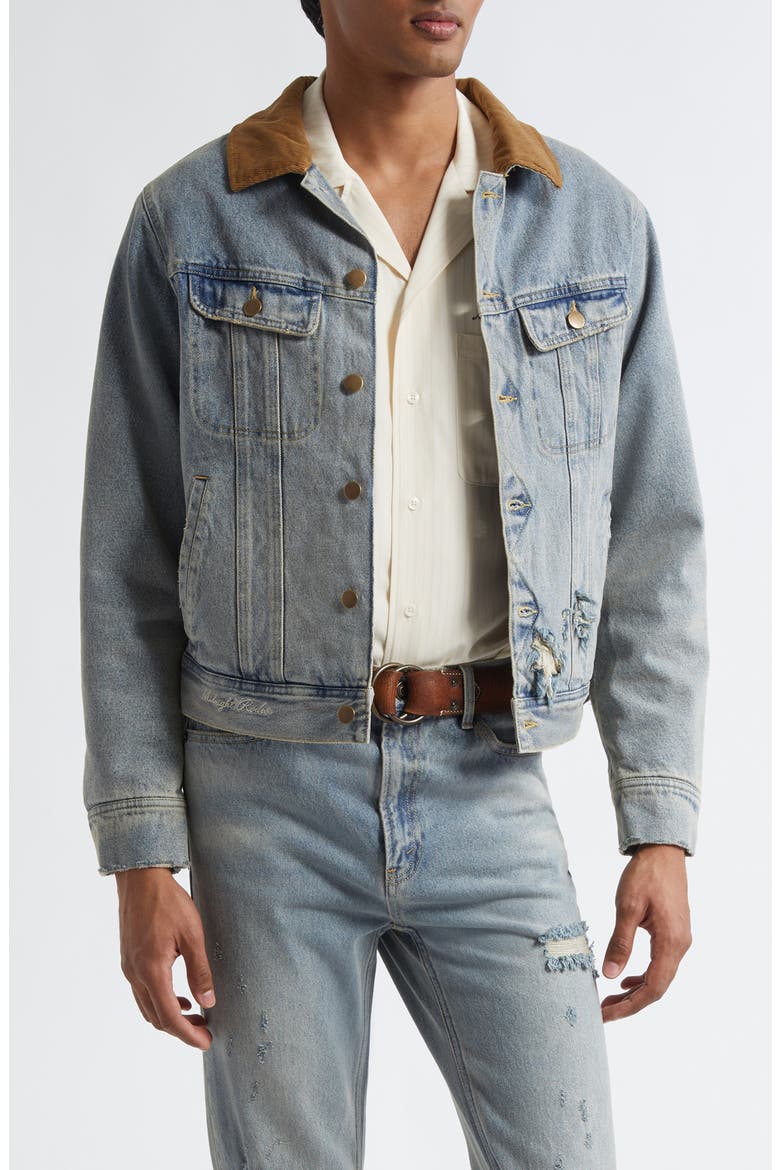 Stormrider Distressed Denim Trucker Jacket, Main, color, BLUE WASH