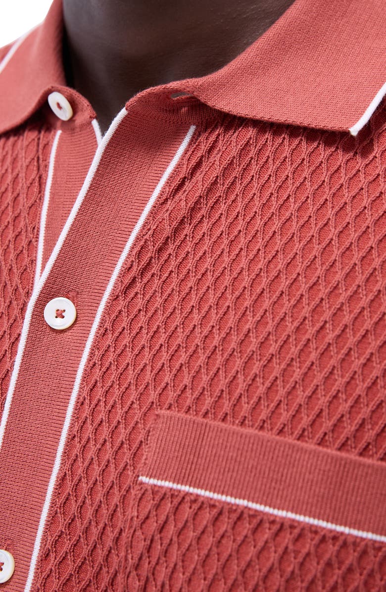 Bugatchi Tipped Short Sleeve Button-Up Sweater, Alternate, color, Brick