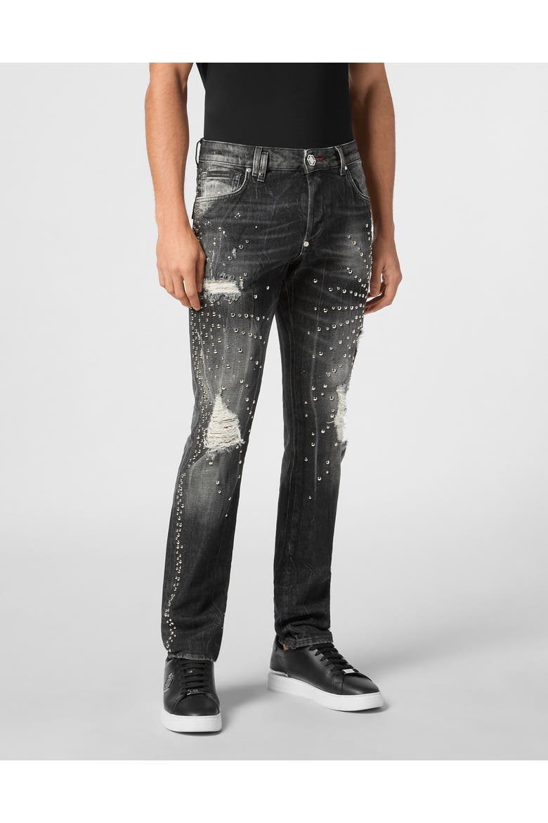 Denim Super Straight Cut Trousers Studs Men, Main, color, FogGrey