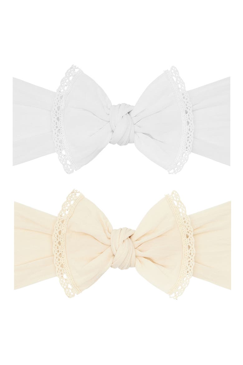 2-Pack Pom Trimmed Bow Headbands, Main, color, WHITE LACE OATMEAL LACE
