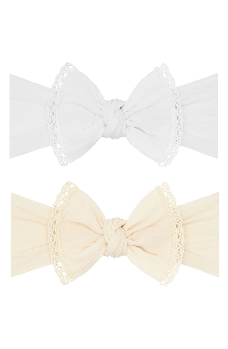 Baby Bling 2-Pack Pom Trimmed Bow Headbands, Main, color, White Lace Oatmeal Lace