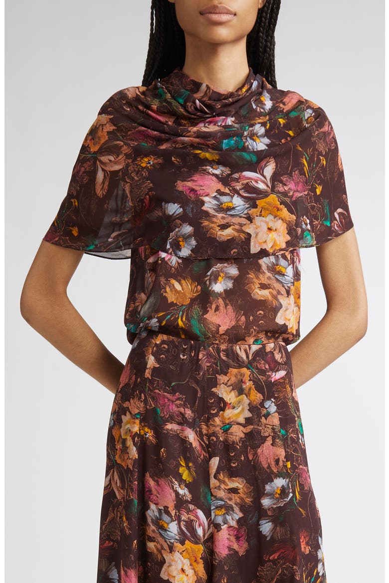 Floral Chiffon Cowl Neck, Main, color, BROWN