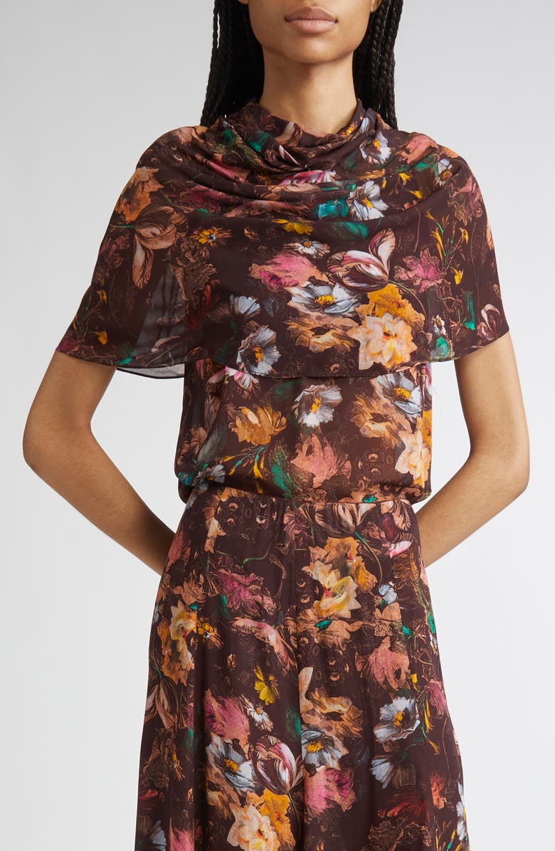 Lela Rose Floral Chiffon Cowl Neck, Main, color, Brown