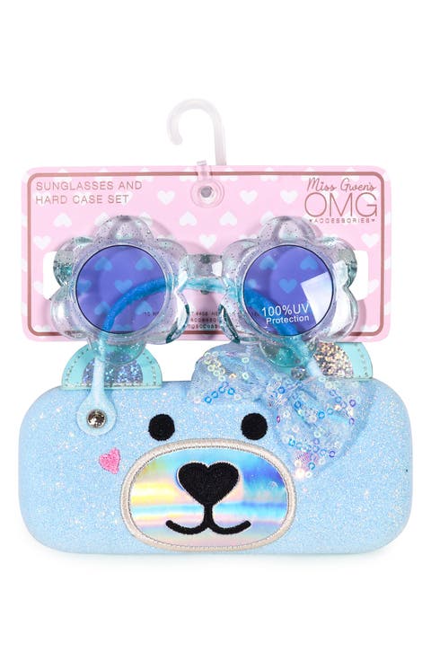 Kids' Winny Glitter Flower Sunglasses & Teddy Handle Case Set (Big Kid)