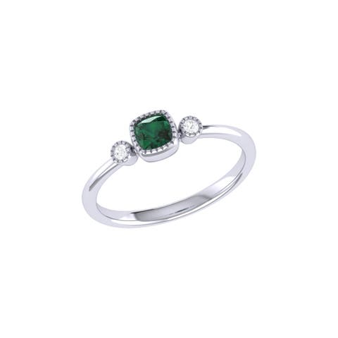 Cushion Cut Emerald & Diamond Birthstone Ring in 14K Gold