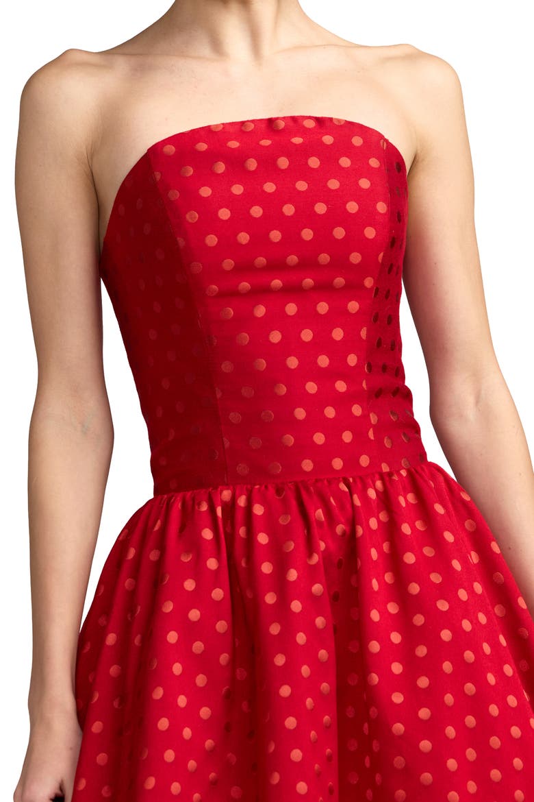 Strapless Dropwaist Polka Dot Brocade Midi Dress, Alternate, color, Red Multi