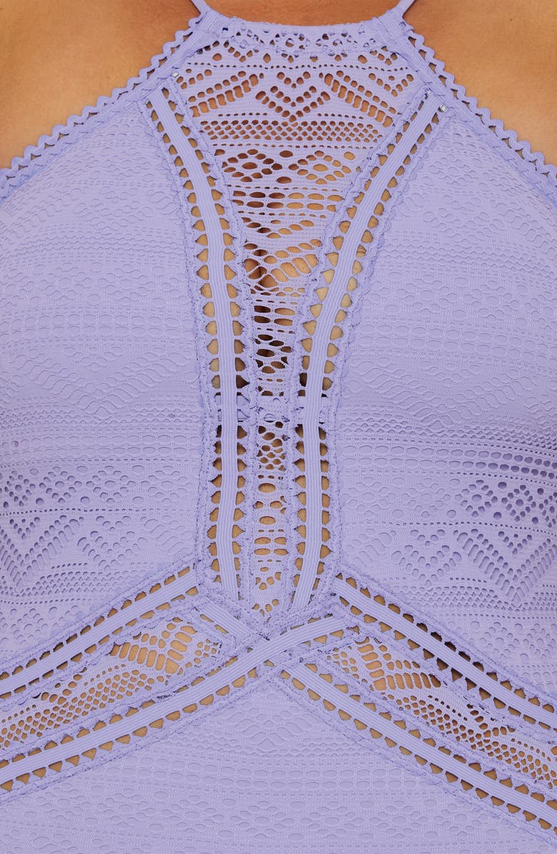 Becca Etc. Colorplay Lace Overlay One-Piece Swimsuit, Alternate, color, Bellflower