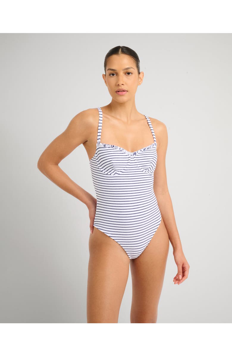 Onia Towel Terry Sailor Stripe Marilyn One Piece, Alternate, color, White/Deep Navy
