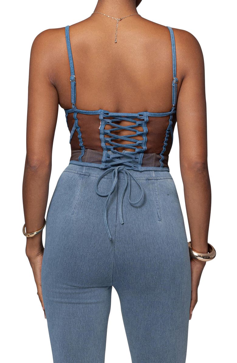 JLUXLABEL Denim Illusion Mesh Bustier Top, Alternate, color, Brown
