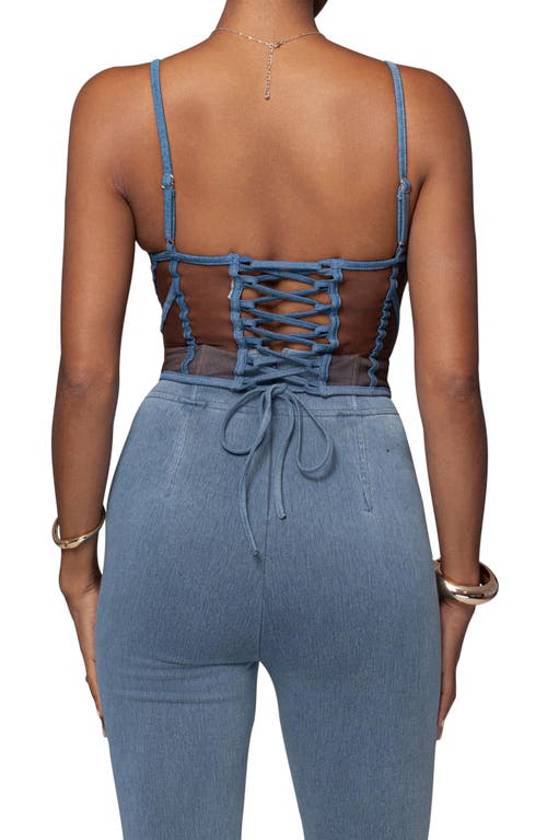 Jluxlabel Denim Illusion Mesh Bustier Top In Brown