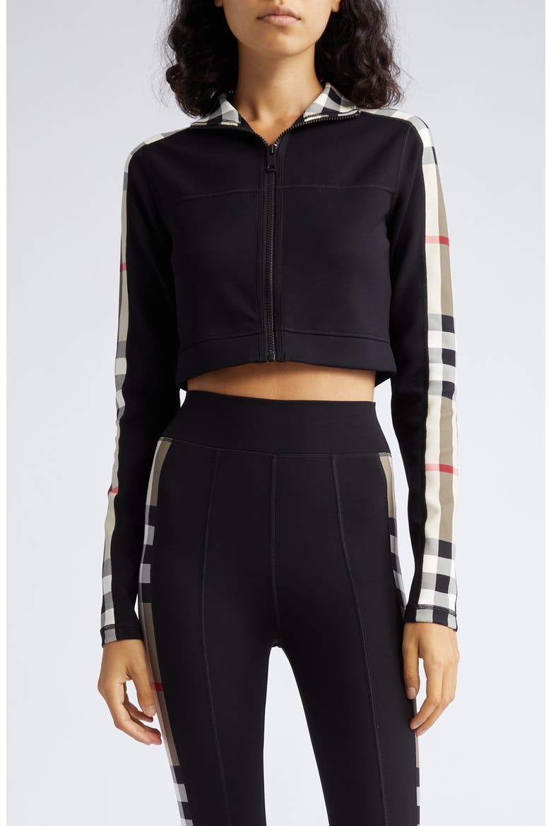 Cynthia Crop Check Panel Front Zip Top, Main, color, BLACK