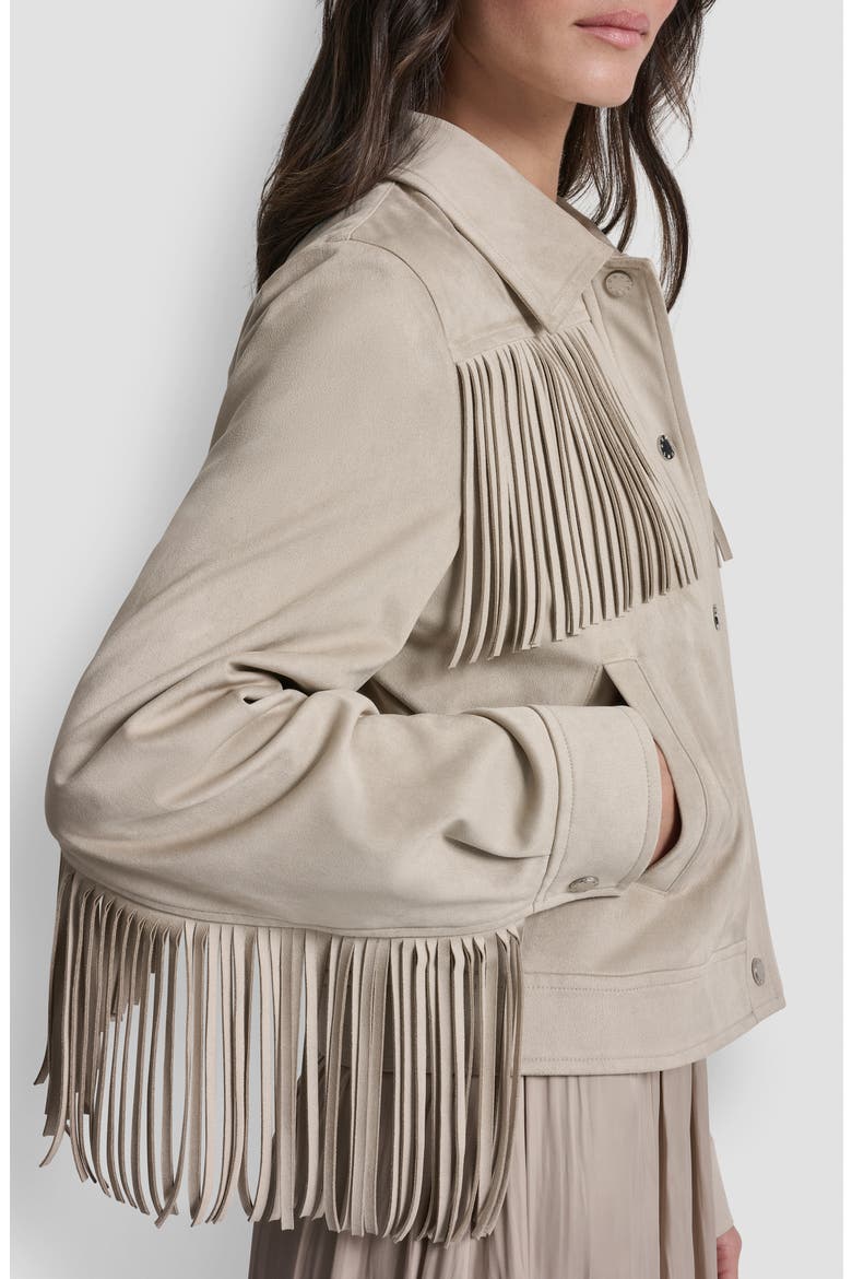 Fringe Trim Faux Suede Jacket, Alternate, color, PEBBLE