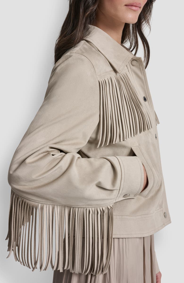 DKNY Fringe Trim Faux Suede Jacket, Alternate, color, Pebble