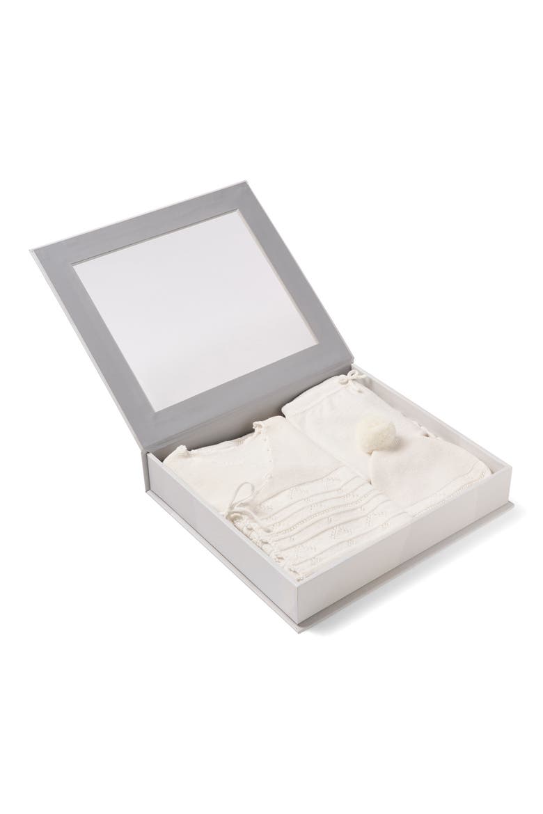 Organic Cotton & Cashmere Pointelle Hat, Top, Pants & Blanket Set, Alternate, color, WHITE