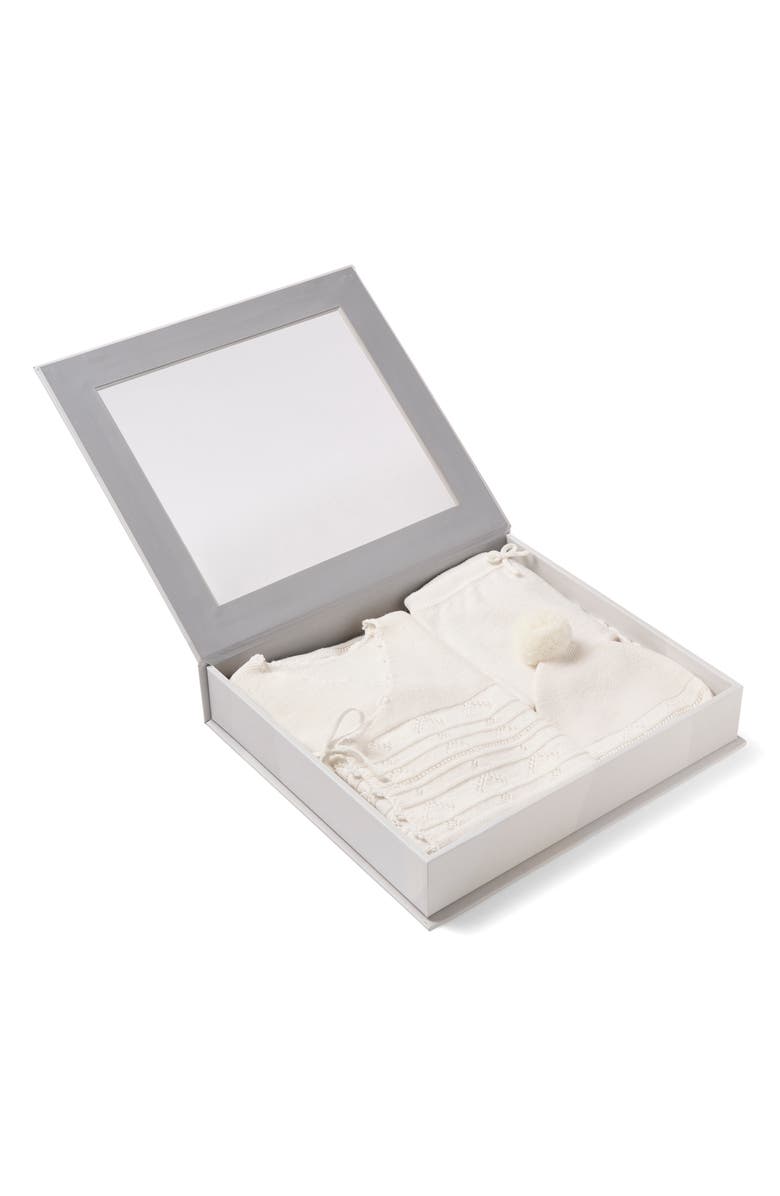 Elegant Baby Organic Cotton & Cashmere Pointelle Hat, Top, Pants & Blanket Set, Alternate, color, White