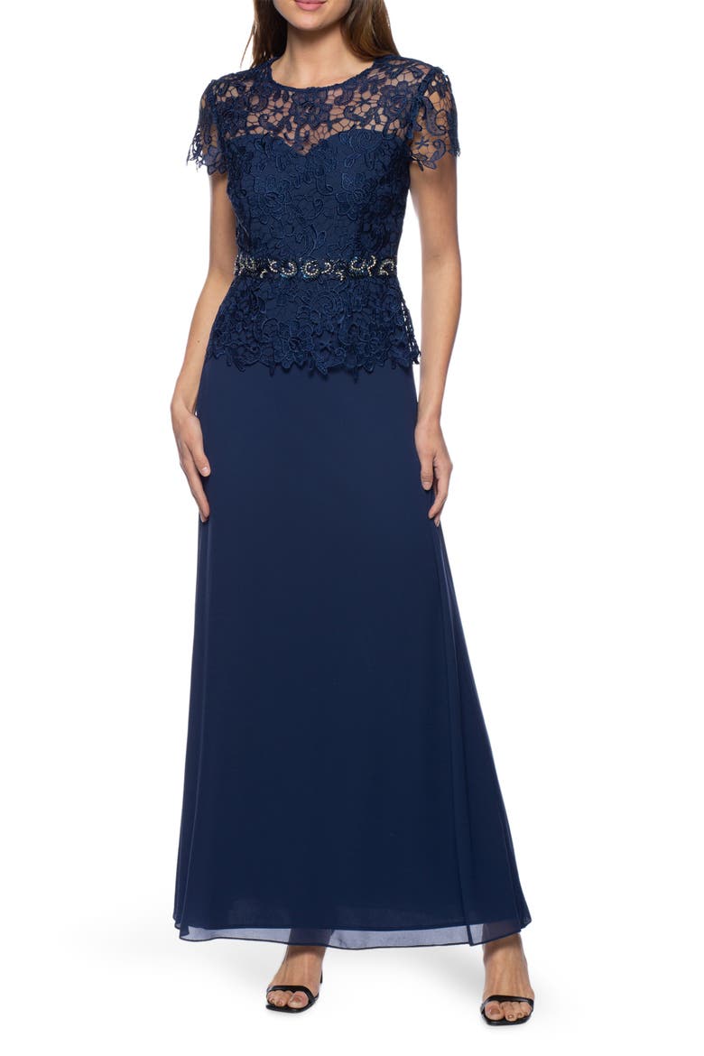 Lace Bodice A-Line Gown, Main, color, NAVY