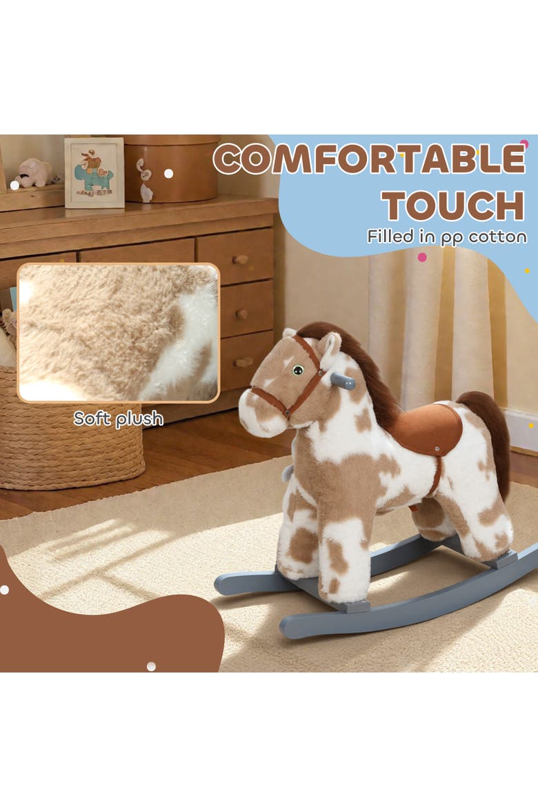 Rocking Horse Kids Plush Animal Rocker with Realistic Sound for Toddlers Soft Filling Ride on Horse with Rabbit Toy, Alternate, color, Brown