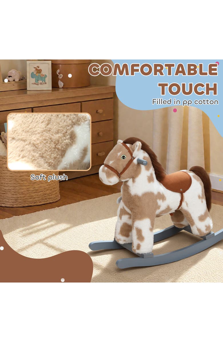 Qaba Rocking Horse Kids Plush Animal Rocker with Realistic Sound for Toddlers Soft Filling Ride on Horse with Rabbit Toy, Alternate, color, Brown