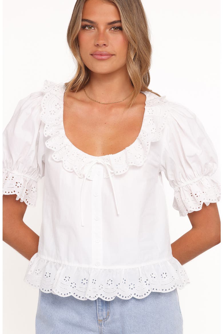 Anouk Eyelet Trim Button-Up Top, Alternate, color, WHITE