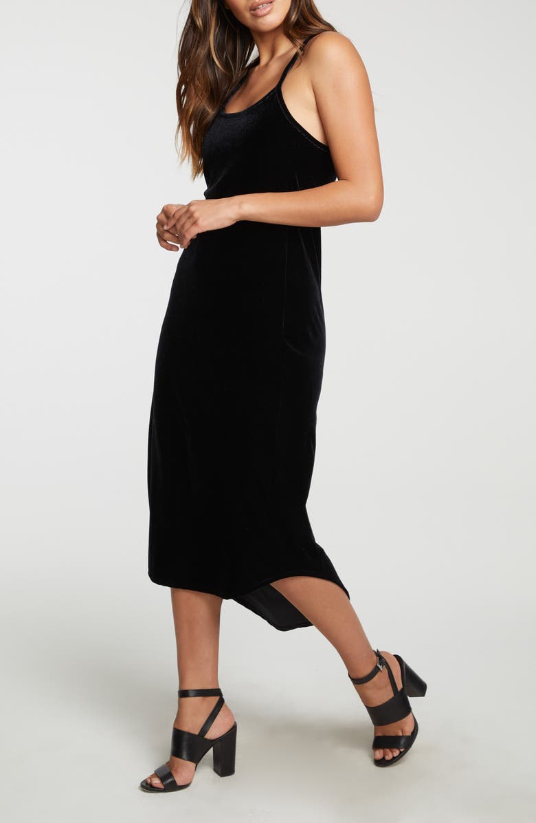 Chaser High-Low Hem Velvet Midi Dress, Alternate, color,