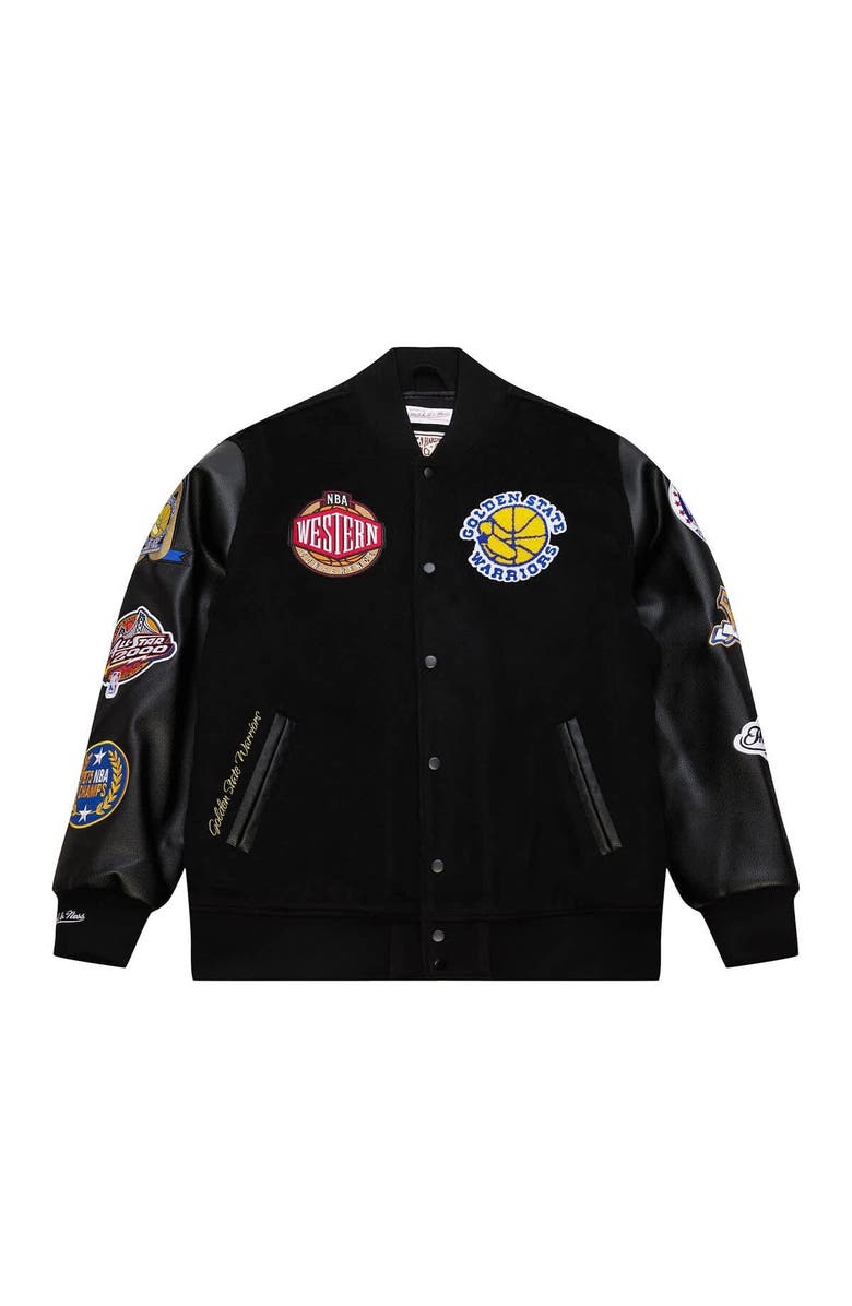Mitchell & Ness Men's Mitchell & Ness  Black Golden State Warriors Hardwood Classics Blackout Collection Full-Snap Varsity Jacket, Alternate, color, 