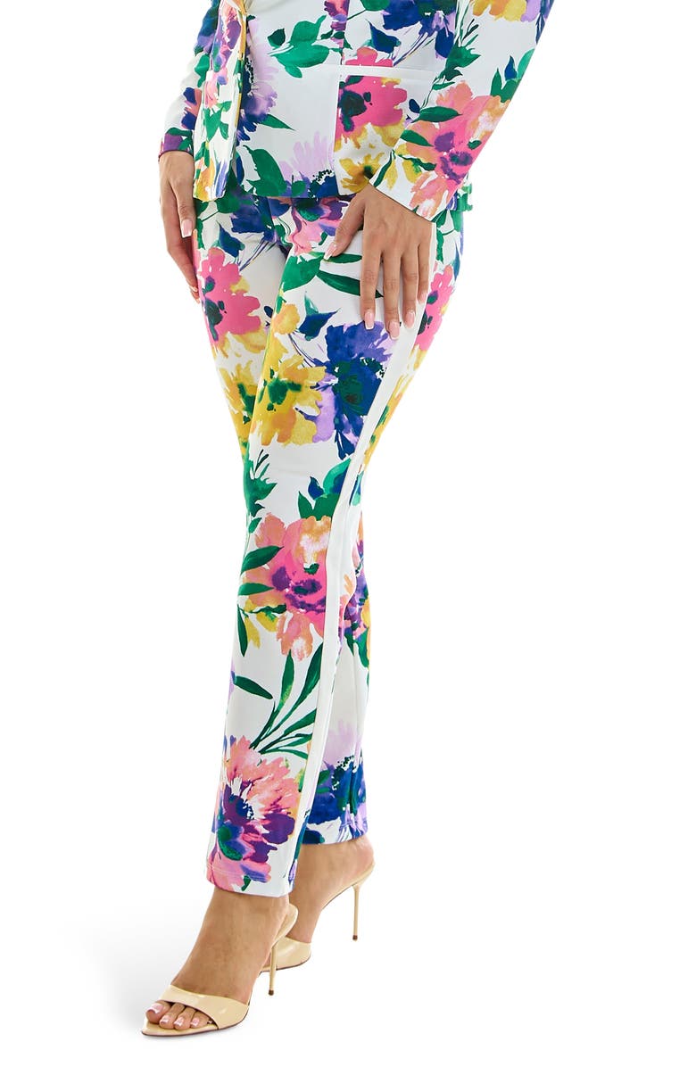 Nina Leonard Floral Print Skinny Fit Suit, Alternate, color, White Multi