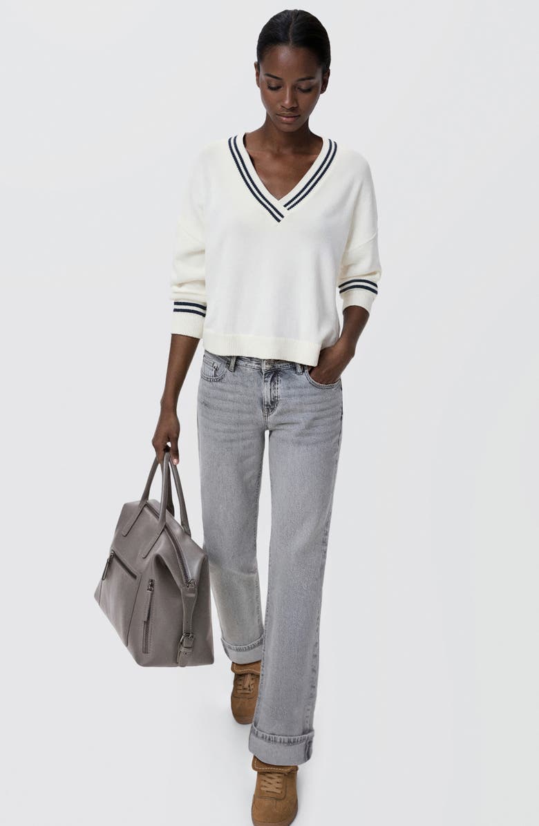 MANGO TEEN Stripe V-Neck Cotton Blend Sweater, Alternate, color, White