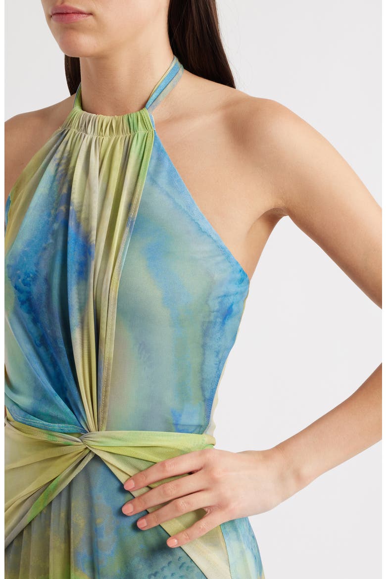 Neriah Abstract Print Halter Neck Mesh Gown, Alternate, color, BRILLIANT CITRINE