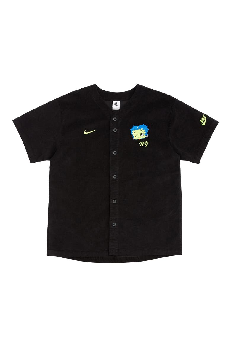 x Olivia Kim Corduroy Baseball Jersey, Alternate, color, BLACK