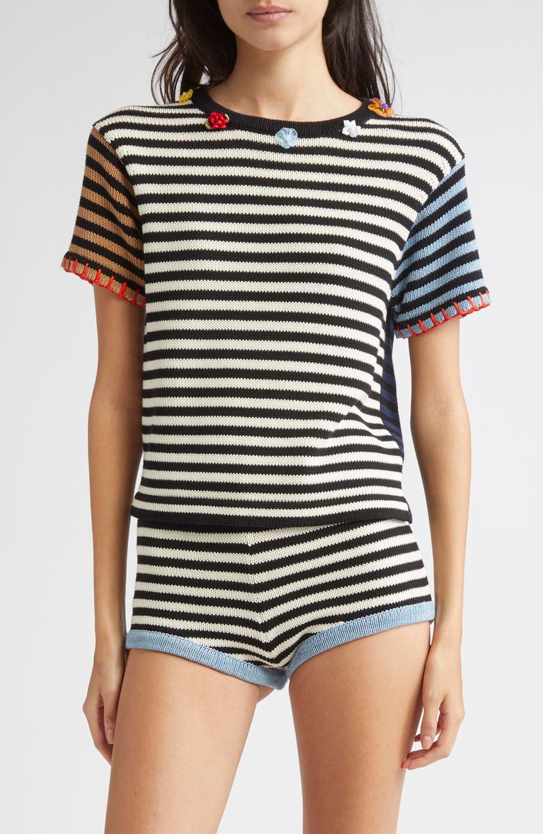 YanYan Bao Embellished Colorblock Stripe Cotton Crewneck T-Shirt, Main, color, Black/ White