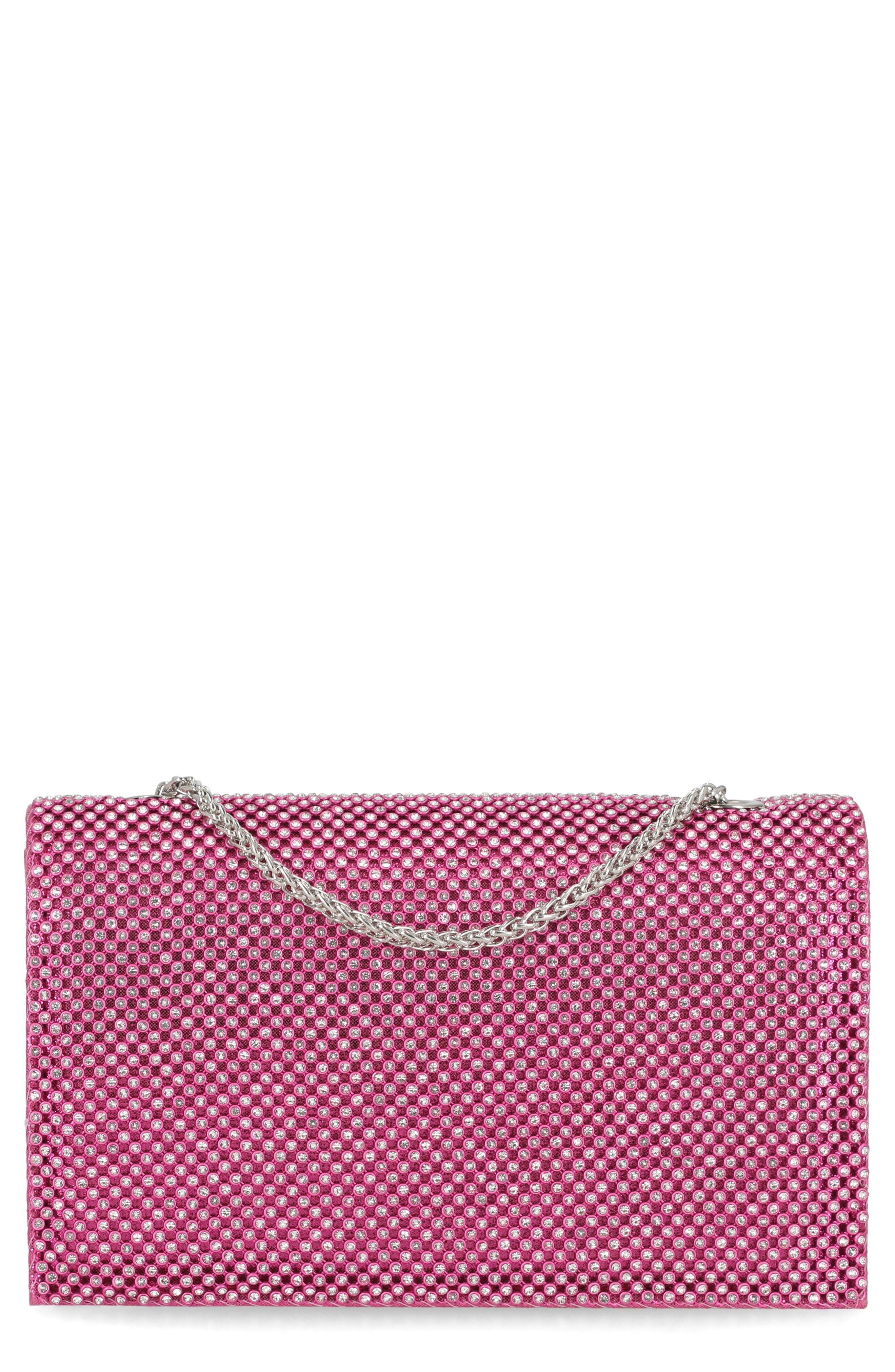 Jessica McClintock Adria Embellished Faux Leather Clutch, Main, color, Fuschia