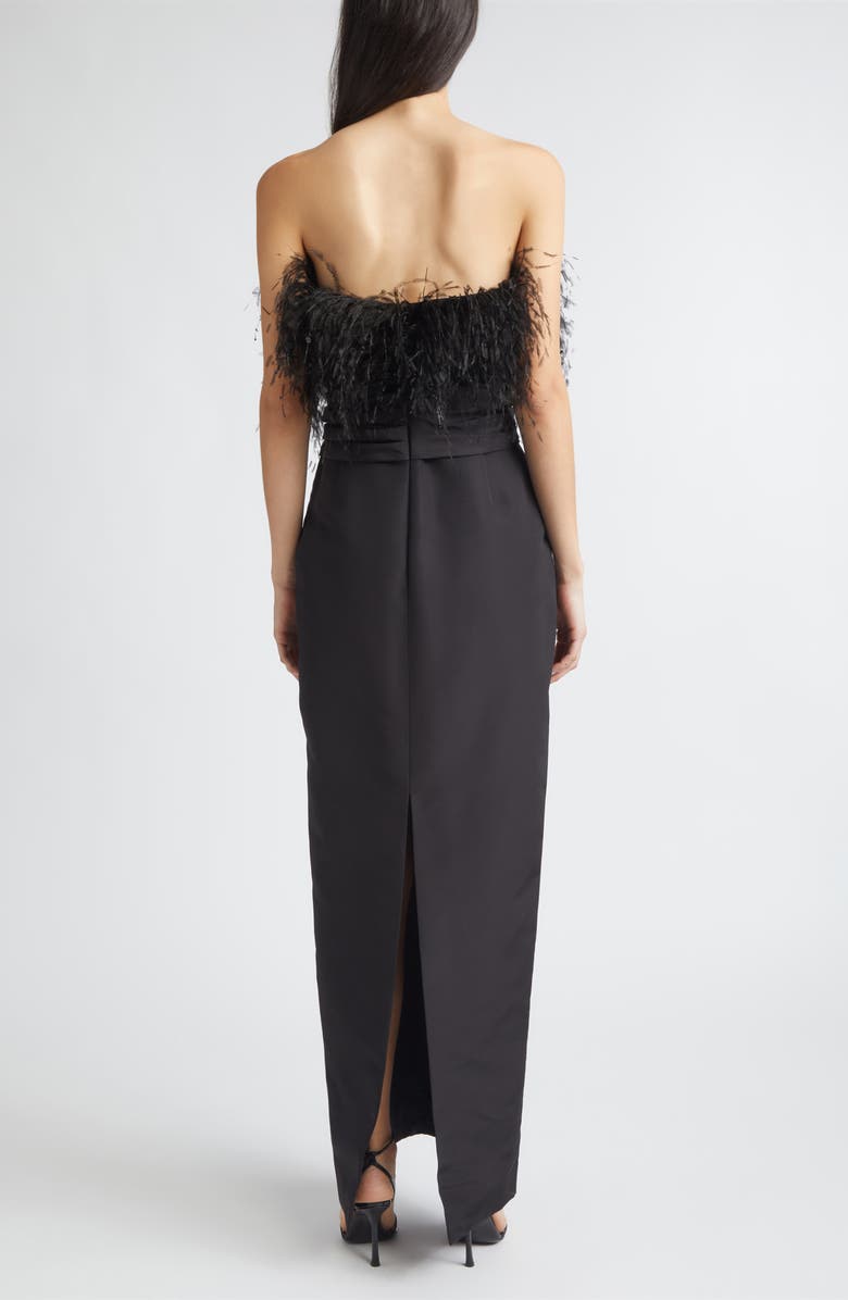 Oscar de la Renta Feather Embroidered Point d'Esprit Strapless Silk Faille Gown, Alternate, color, Black