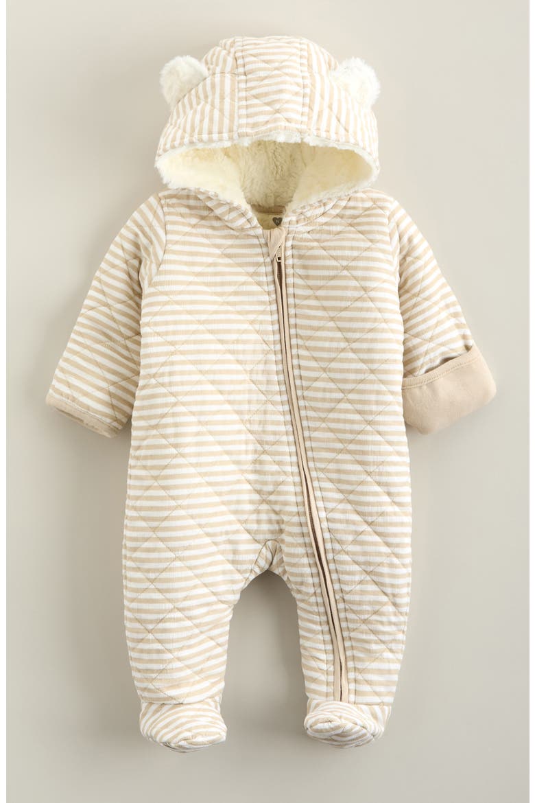 Ear Appliqué Quilted Faux Fur Lined Hooded Bunting, Main, color, BEIGE OATMEAL SHEA STRIPE