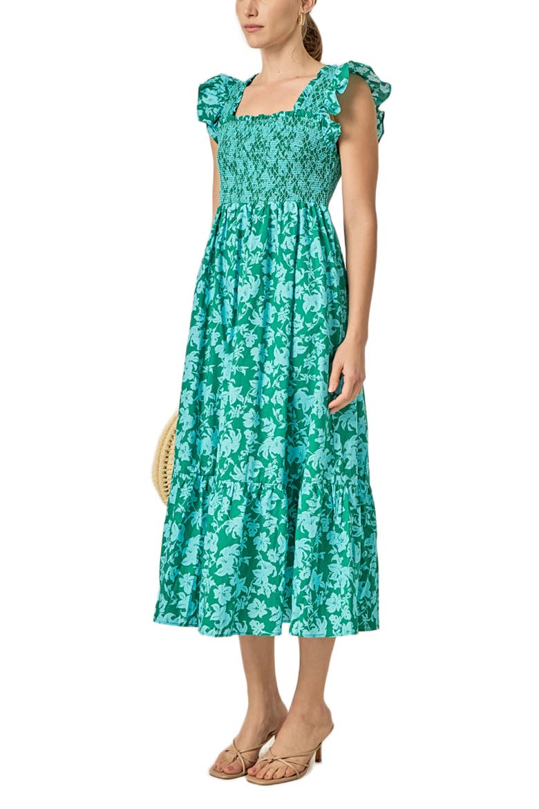 Print Smocked Cotton Midi Dress, Alternate, color, GREEN