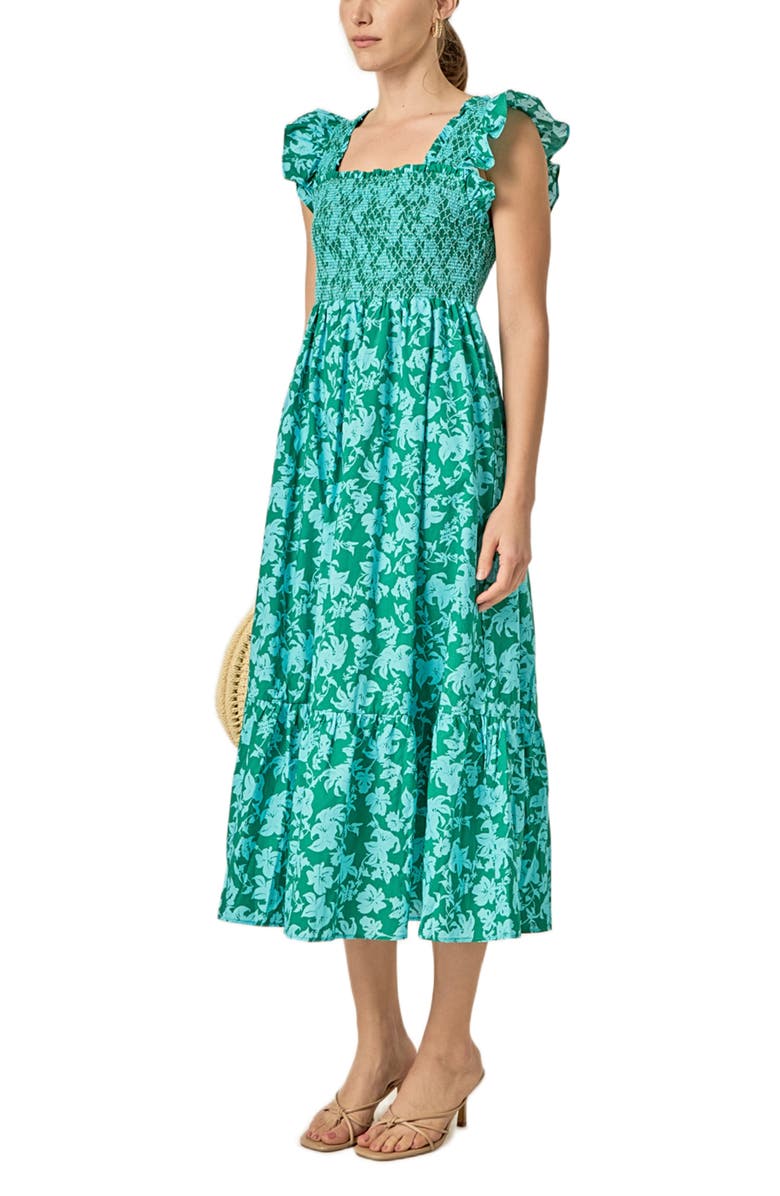 English Factory Print Smocked Cotton Midi Dress, Alternate, color, Green