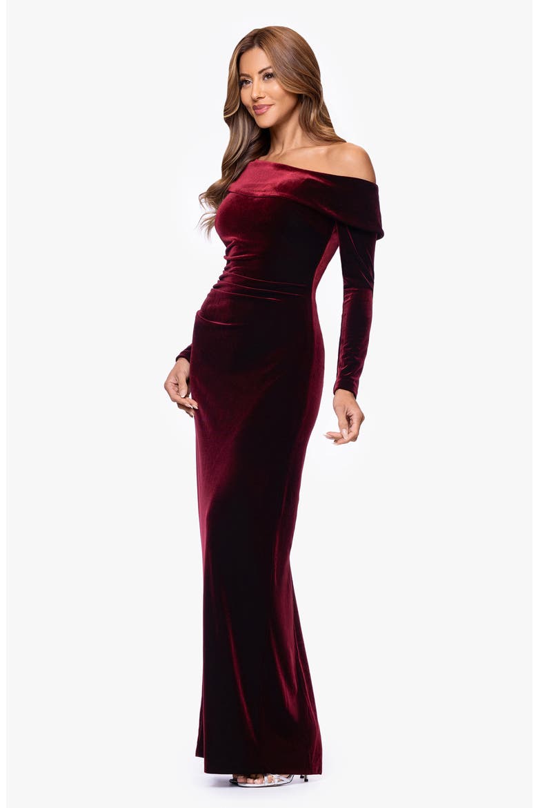 Side Ruched One-Shoulder Long Sleeve Velvet Column Gown, Alternate, color, BURGUNDY