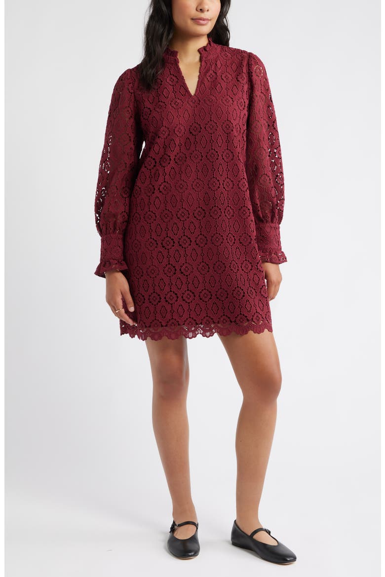Ruffle Long Sleeve Lace Shift Dress, Main, color, BURGUNDY TANNIN