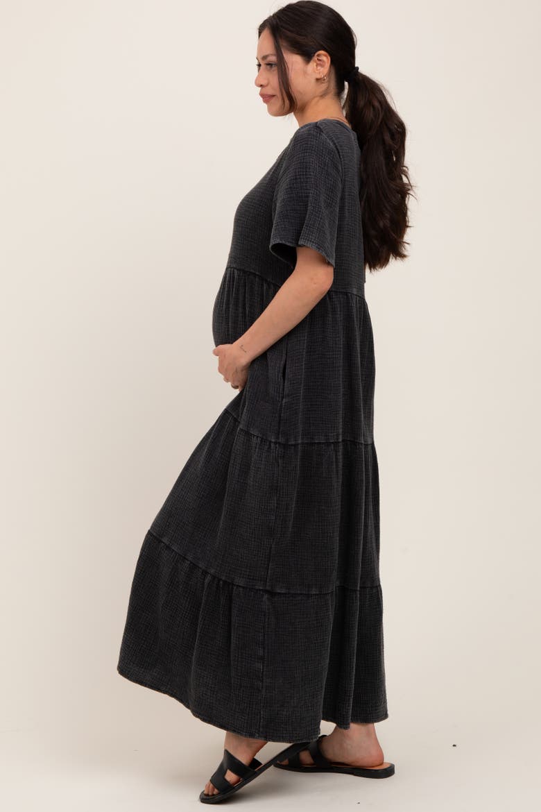 Button Front Tiered Maxi Dress, Alternate, color, Black