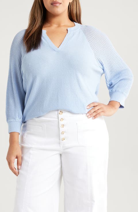 Mixed Stitch Split Neck Sweater (Plus)