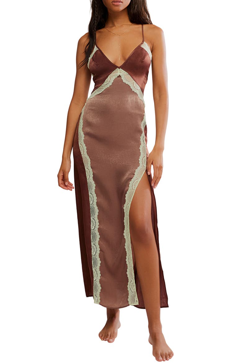 Some Kind of Love Lace Trim Open Back Nightgown, Main, color, MINK COMBO