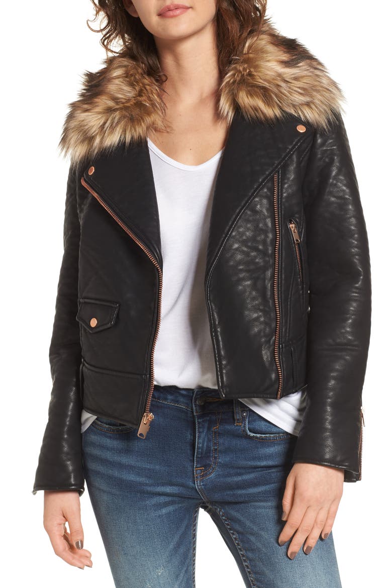 Andrew Marc Beverly Faux Leather Jacket with Faux Fur Trim, Main, color, BLACK