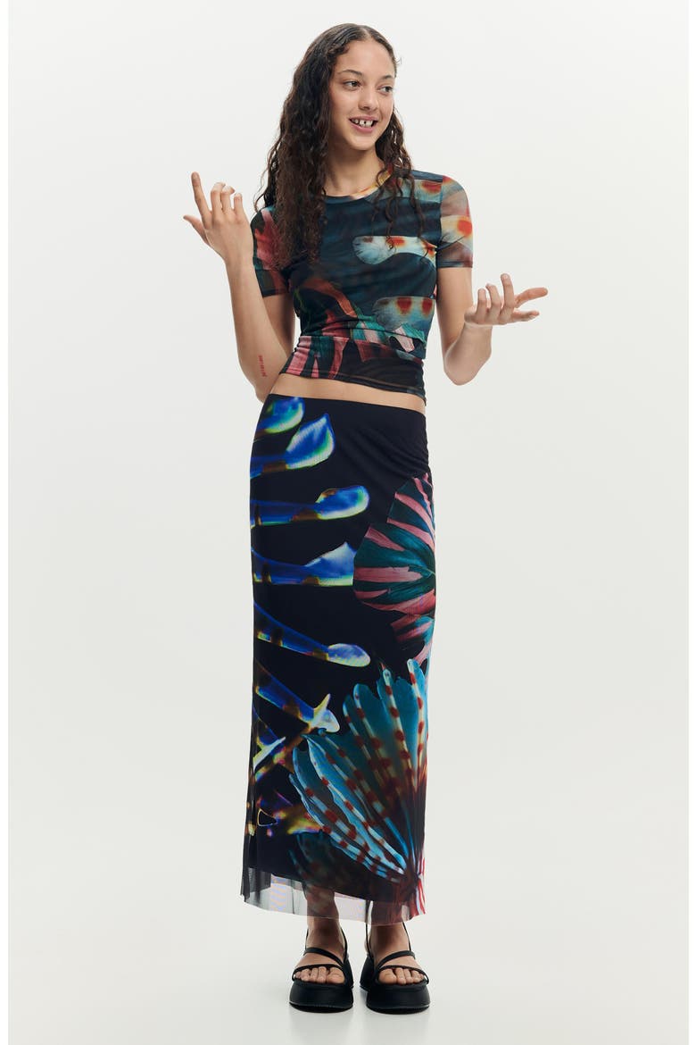 Graphic Mesh Maxi Skirt, Alternate, color, BLACK