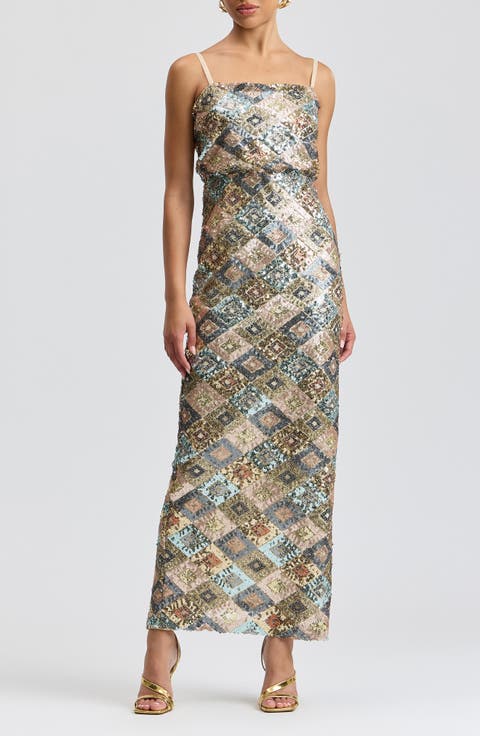 Sequin Tie Waist Column Maxi Dress