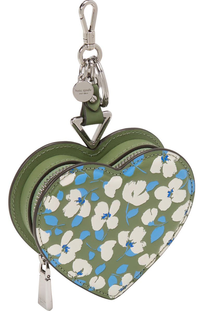 Kate Spade New York liv painterly bouquet smooth leather heart coin purse, Alternate, color, Cedar Stand Multi
