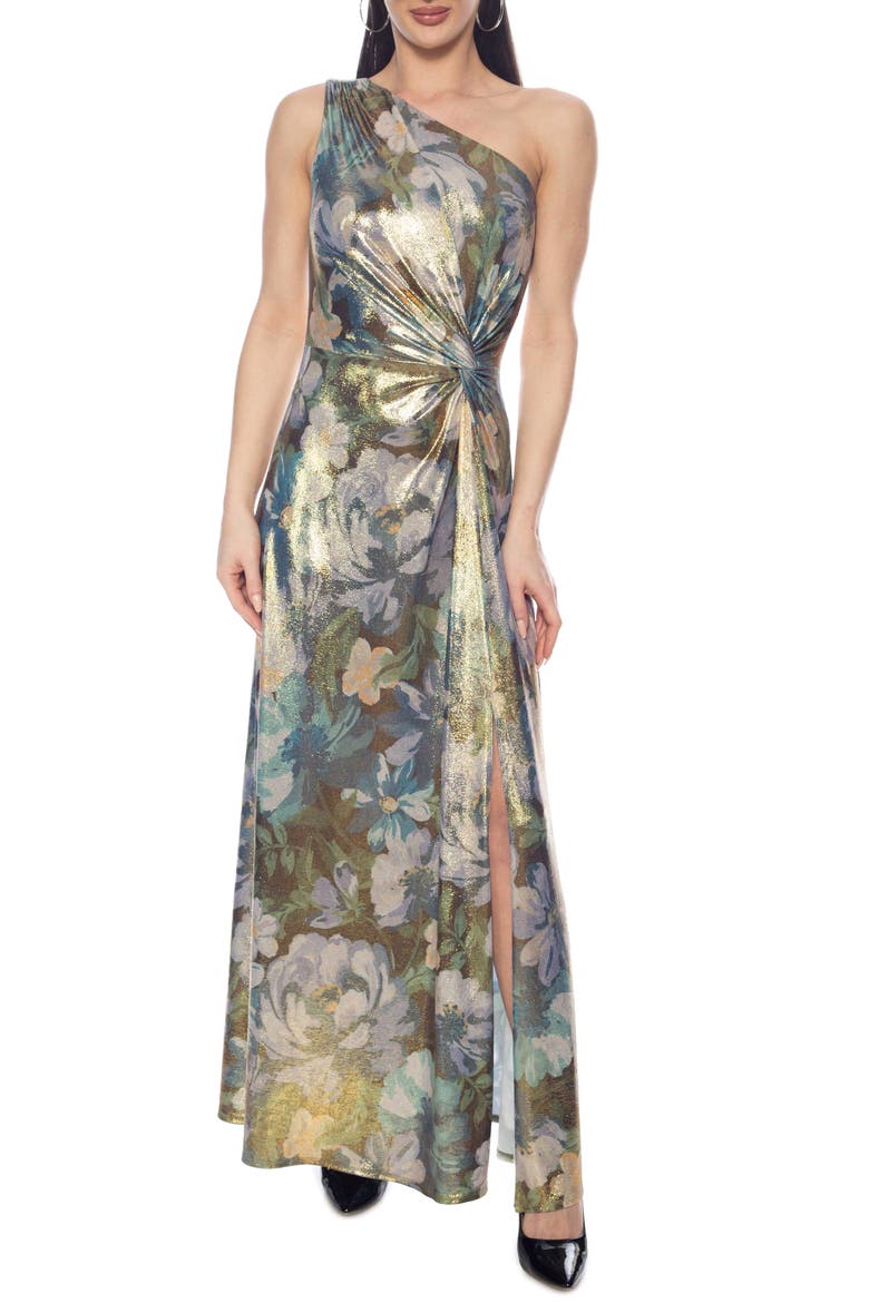 Printed Shine One-Shoulder Gown, Main, color, GREEN MULTI