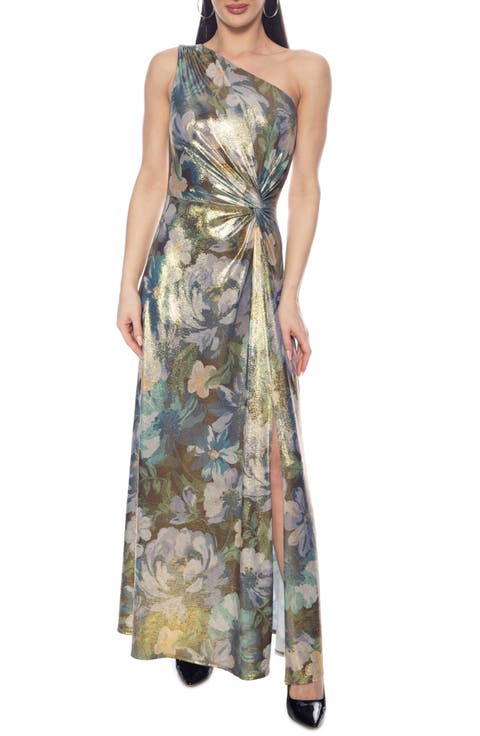 Printed Shine One-Shoulder Gown