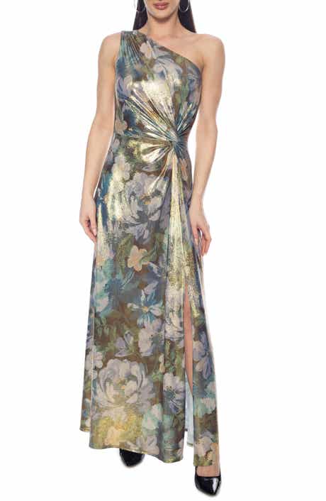 Printed Shine One-Shoulder Gown