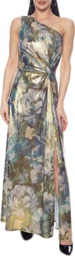 Oleg Cassini Printed Shine One-Shoulder Gown