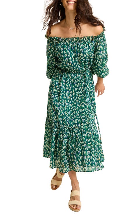 Jeweled Jaguar Tie Waist Off the Shoulder Midi Dress
